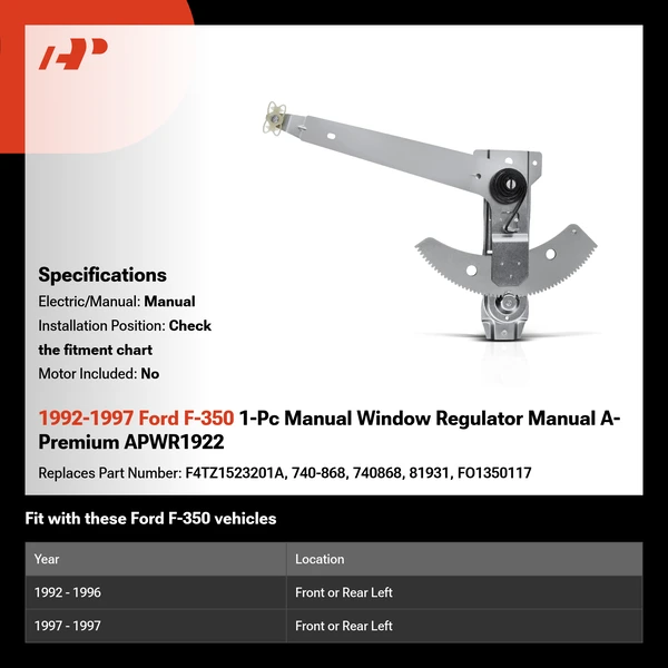 1992-1997 Ford F-350 1-Pc Manual Window Regulator Manual A-Premium APWR1922