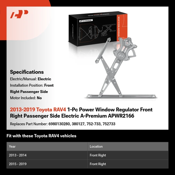 2013-2019 Toyota RAV4 1-Pc Power Window Regulator Front Right Passenger Side Electric A-Premium APWR2166