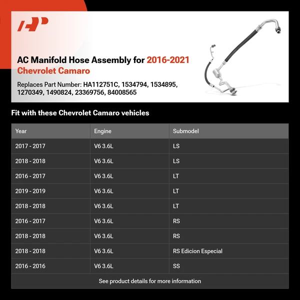 AC Manifold Hose Assembly for 2016-2021 Chevrolet Camaro