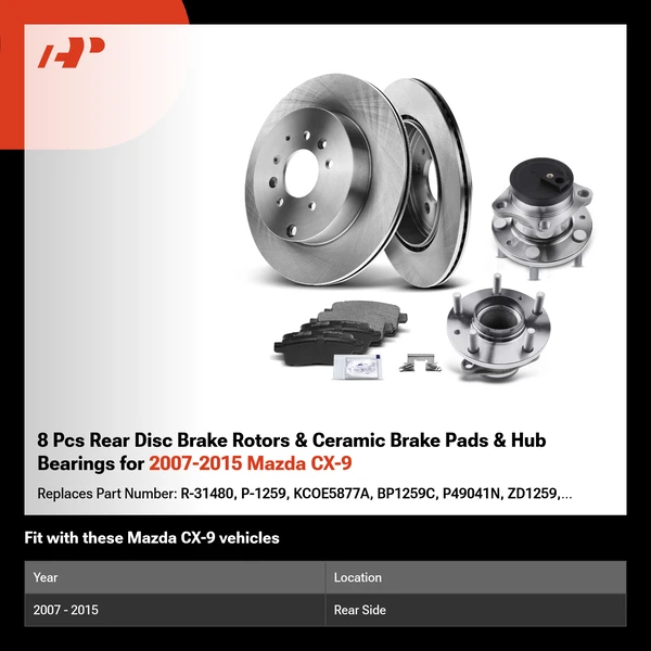 8 Pcs Rear Disc Brake Rotors & Ceramic Brake Pads & Hub Bearings for 2007-2015 Mazda CX-9