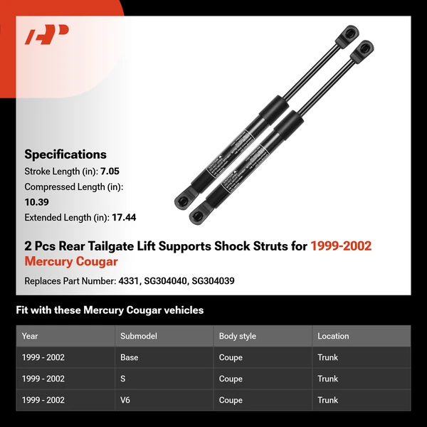 2 Pcs Rear Tailgate Lift Supports Shock Struts for 1999-2002 Mercury Cougar