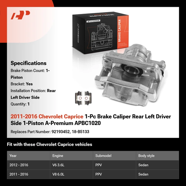 2011-2016 Chevrolet Caprice 1-Pc Brake Caliper Rear Left Driver Side 1-Piston A-Premium APBC1020