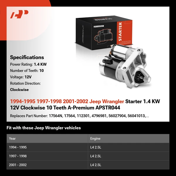 1994-1995 1997-1998 2001-2002 Jeep Wrangler Starter 1.4 KW 12V Clockwise 10 Teeth A-Premium APSTR044