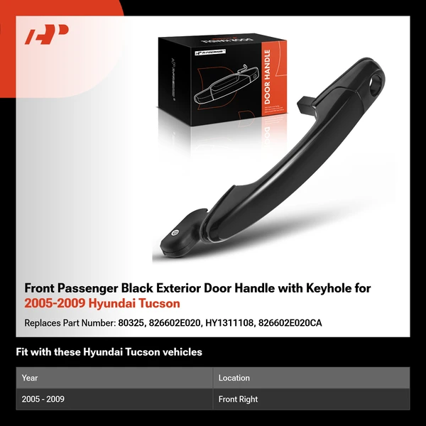 Front Passenger Black Exterior Door Handle with Keyhole for 2005-2009 Hyundai Tucson