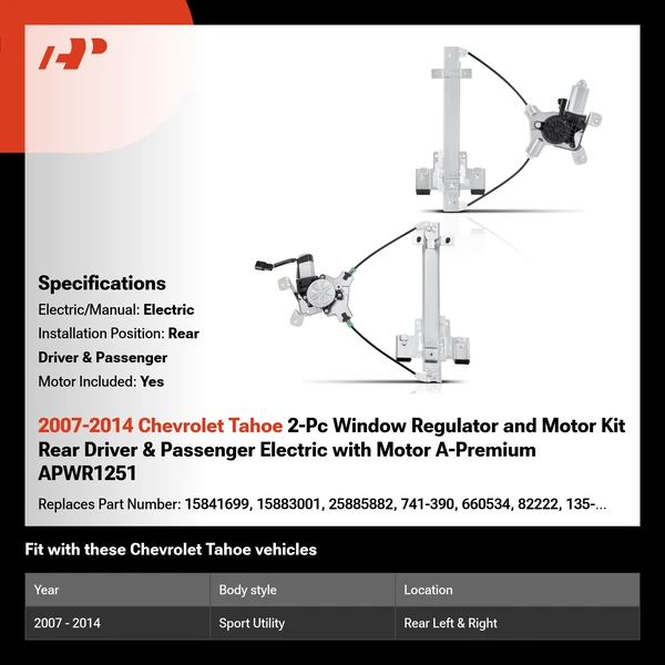 2007-2014 Chevrolet Tahoe 2-Pc Window Regulator and Motor Kit Rear Driver & Passenger Electric with Motor A-Premium APWR1251