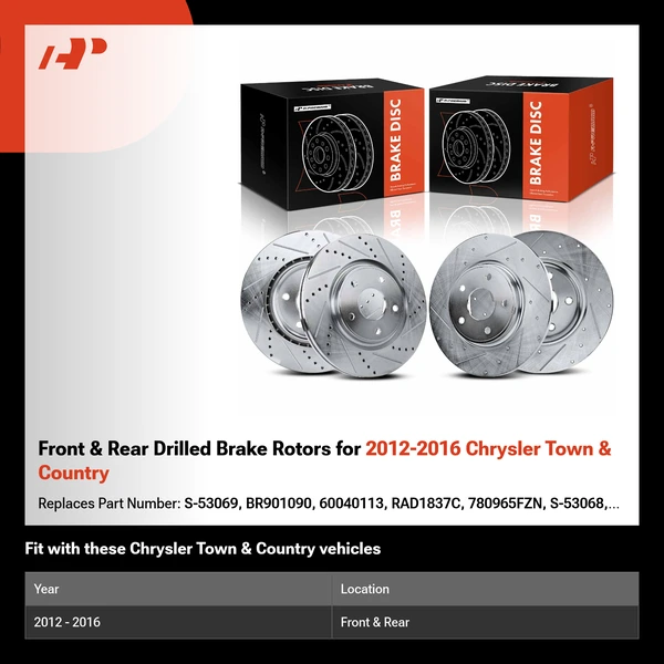 Front & Rear Drilled Brake Rotors for 2012-2016 Chrysler Town & Country