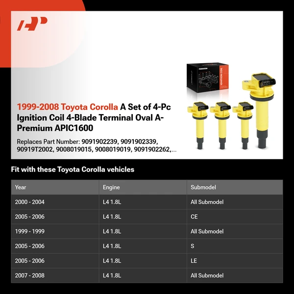 1999-2008 Toyota Corolla A Set of 4-Pc Ignition Coil 4-Blade Terminal Oval A-Premium APIC1600