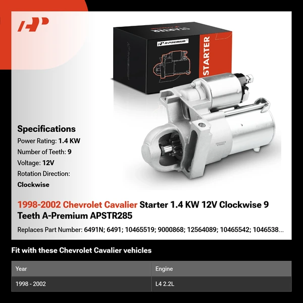 1998-2002 Chevrolet Cavalier Starter 1.4 KW 12V Clockwise 9 Teeth A-Premium APSTR285