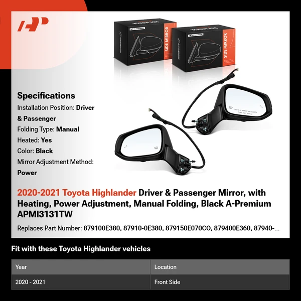 2020-2021 Toyota Highlander Driver & Passenger Mirror, with Heating, Power Adjustment, Manual Folding, Black A-Premium APMI3131TW