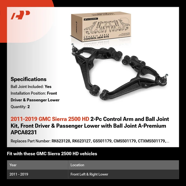2011-2019 GMC Sierra 2500 HD 2-Pc Control Arm and Ball Joint Kit, Front Driver & Passenger Lower with Ball Joint A-Premium APCA8231