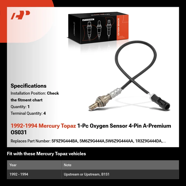 1992-1994 Mercury Topaz 1-Pc Oxygen Sensor 4-Pin A-Premium OS031