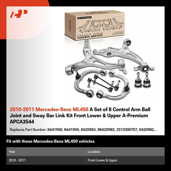 2010-2011 Mercedes-Benz ML450 A Set of 8 Control Arm Ball Joint and Sway Bar Link Kit Front Lower & Upper A-Premium APCA3544