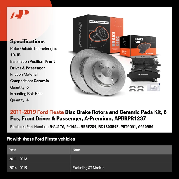 2011-2019 Ford Fiesta Disc Brake Rotors and Ceramic Pads Kit, 6 Pcs, Front Driver & Passenger, A-Premium, APBRPR1237