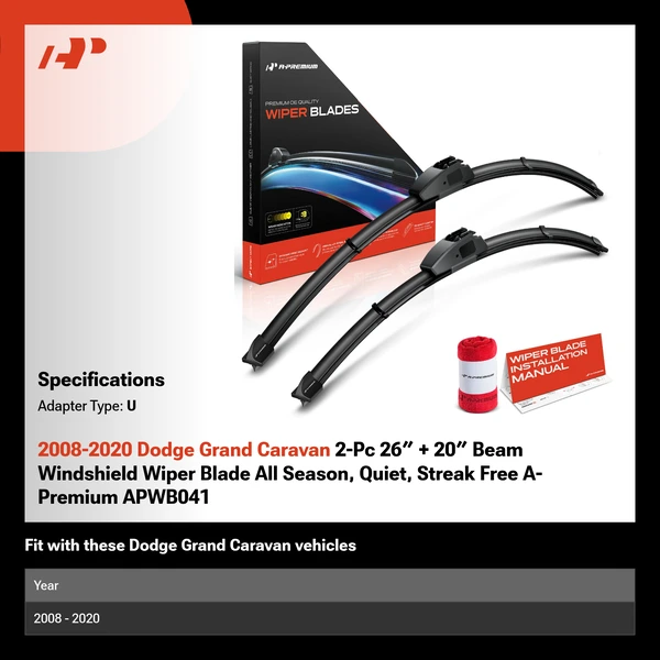 2008-2020 Dodge Grand Caravan 2-Pc 26″ + 20″ Beam Windshield Wiper Blade All Season, Quiet, Streak Free A-Premium APWB041