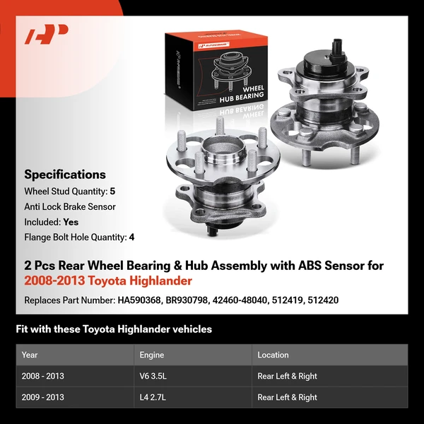 2 Pcs Rear Wheel Bearing & Hub Assembly with ABS Sensor for 2008-2013 Toyota Highlander