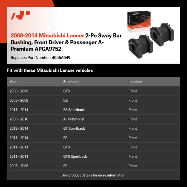 2008-2014 Mitsubishi Lancer 2-Pc Sway Bar Bushing, Front Driver & Passenger A-Premium APCA9752