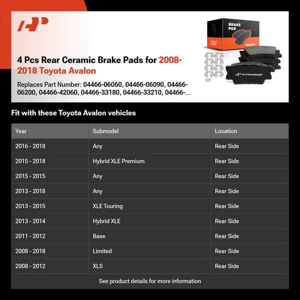 4 Pcs Rear Ceramic Brake Pads for 2008-2018 Toyota Avalon