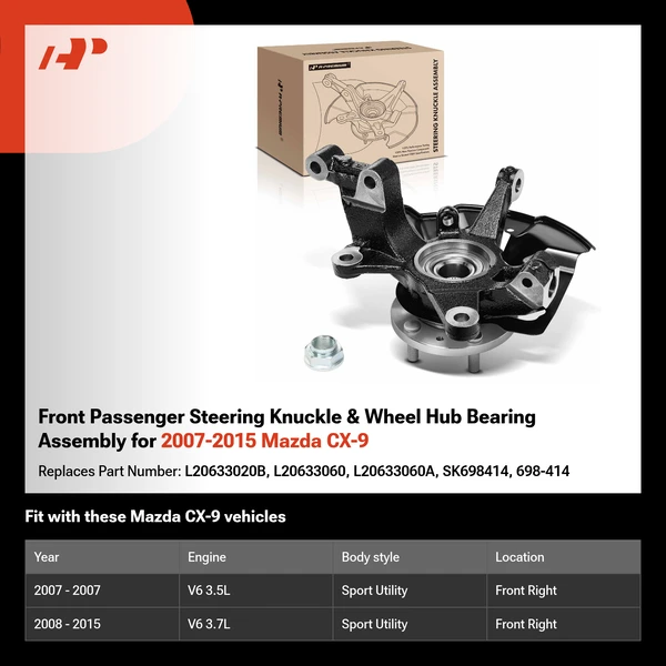 Front Passenger Steering Knuckle & Wheel Hub Bearing Assembly for 2007-2015 Mazda CX-9