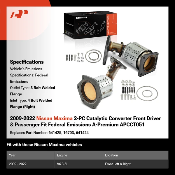 2009-2022 Nissan Maxima 2-PC Catalytic Converter Front Driver & Passenger Fit Federal Emissions A-Premium APCCT051