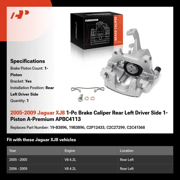 2005-2009 Jaguar XJ8 1-Pc Brake Caliper Rear Left Driver Side 1-Piston A-Premium APBC4113