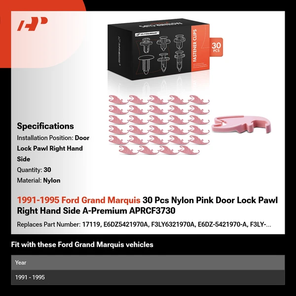 1991-1995 Ford Grand Marquis 30 Pcs Nylon Pink Door Lock Pawl Right Hand Side A-Premium APRCF3730