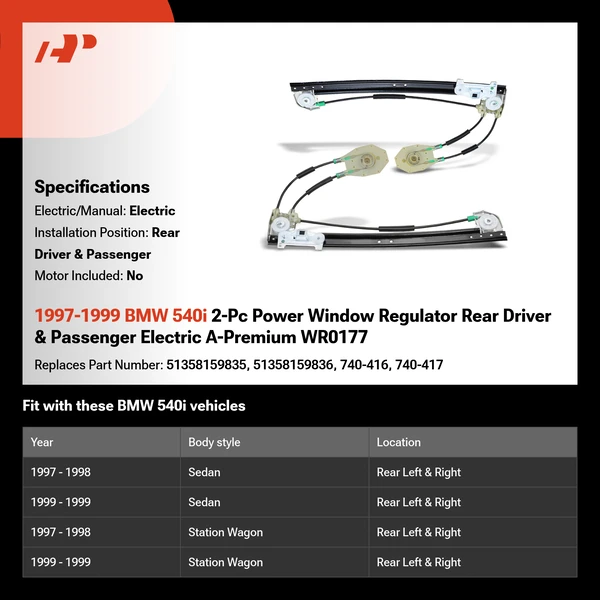 1997-1999 BMW 540i 2-Pc Power Window Regulator Rear Driver & Passenger Electric A-Premium WR0177