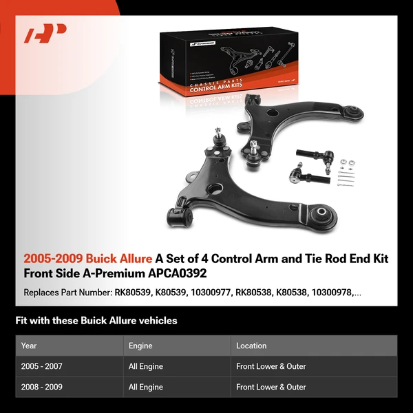 2005-2009 Buick Allure A Set of 4 Control Arm and Tie Rod End Kit Front Side A-Premium APCA0392