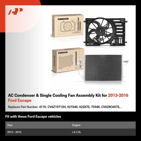 AC Condenser & Single Cooling Fan Assembly Kit for 2013-2016 Ford Escape