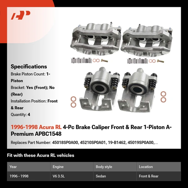 1996-1998 Acura RL 4-Pc Brake Caliper Front & Rear 1-Piston A-Premium APBC1548