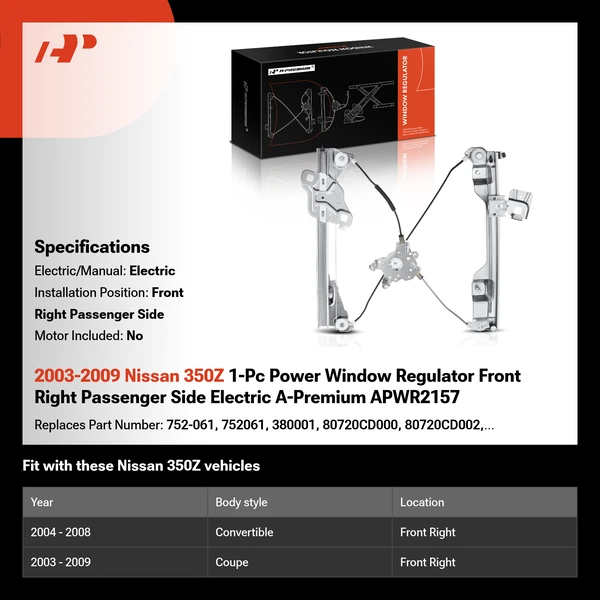 2003-2009 Nissan 350Z 1-Pc Power Window Regulator Front Right Passenger Side Electric A-Premium APWR2157