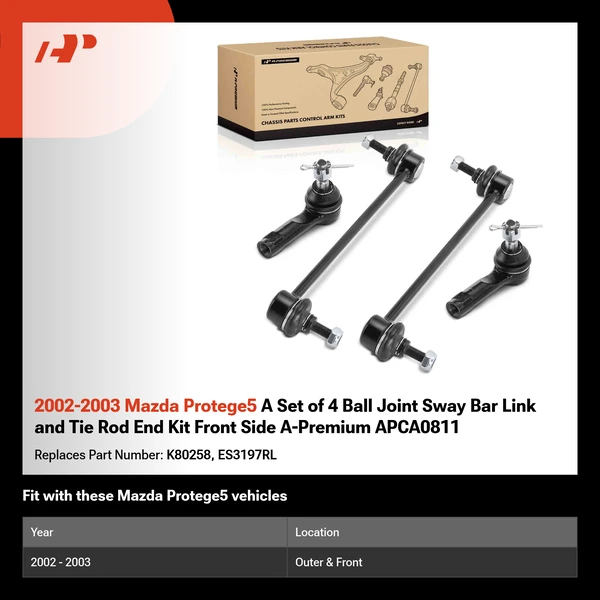 2002-2003 Mazda Protege5 A Set of 4 Ball Joint Sway Bar Link and Tie Rod End Kit Front Side A-Premium APCA0811