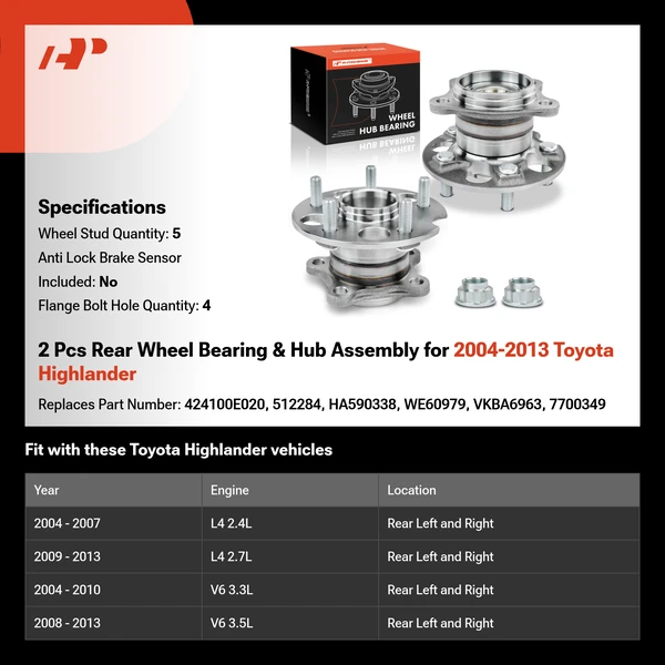 2 Pcs Rear Wheel Bearing & Hub Assembly for 2004-2013 Toyota Highlander