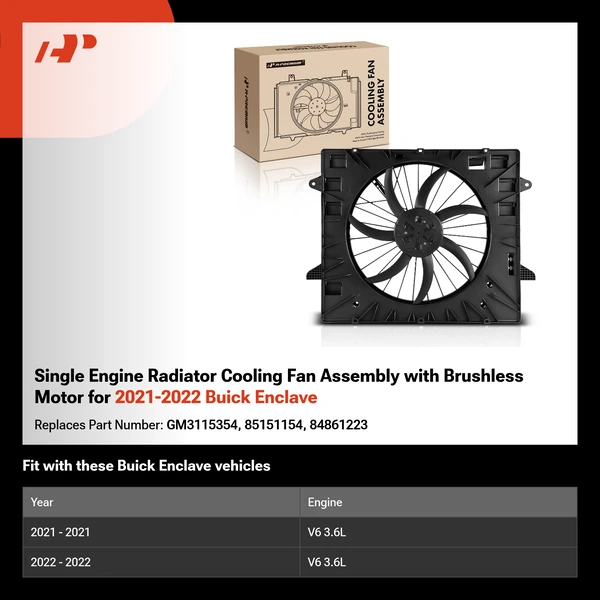 Single Engine Radiator Cooling Fan Assembly with Brushless Motor for 2021-2022 Buick Enclave
