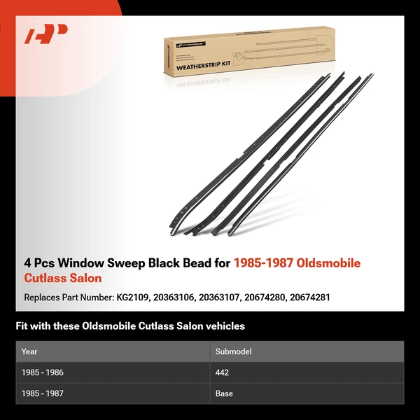 4 Pcs Window Sweep Black Bead for 1985-1987 Oldsmobile Cutlass Salon