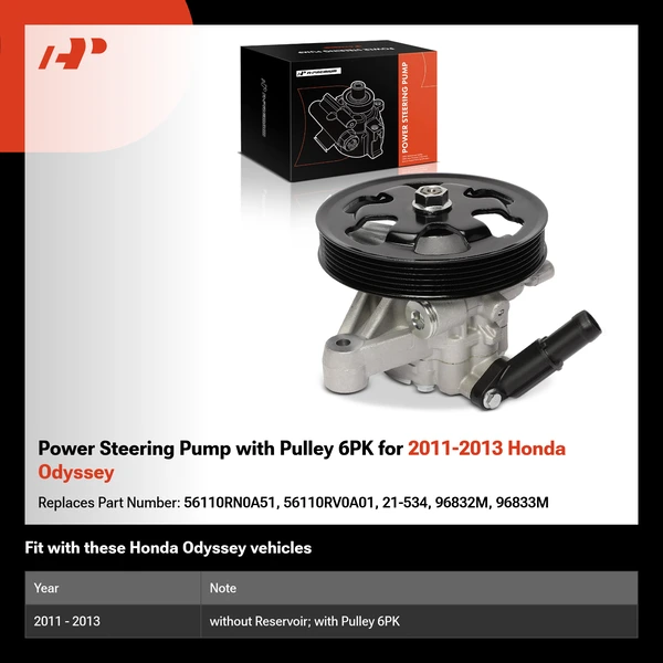 Power Steering Pump with Pulley 6PK for 2011-2013 Honda Odyssey