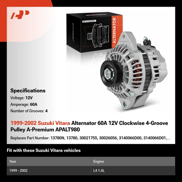 1999-2002 Suzuki Vitara Alternator 60A 12V Clockwise 4-Groove Pulley A-Premium APALT980