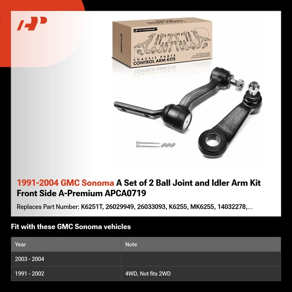 1991-2004 GMC Sonoma A Set of 2 Ball Joint and Idler Arm Kit Front Side A-Premium APCA0719