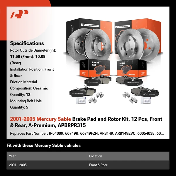 2001-2005 Mercury Sable Brake Pad and Rotor Kit, 12 Pcs, Front & Rear, A-Premium, APBRPR315
