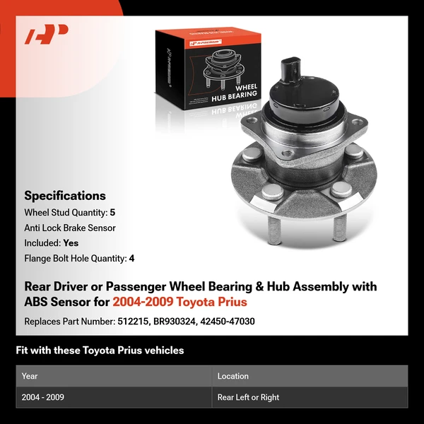 Rear Driver or Passenger Wheel Bearing & Hub Assembly with ABS Sensor for 2004-2009 Toyota Prius