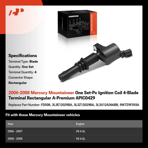 2006-2008 Mercury Mountaineer One Set-Pc Ignition Coil 4-Blade Terminal Rectangular A-Premium APIC0429