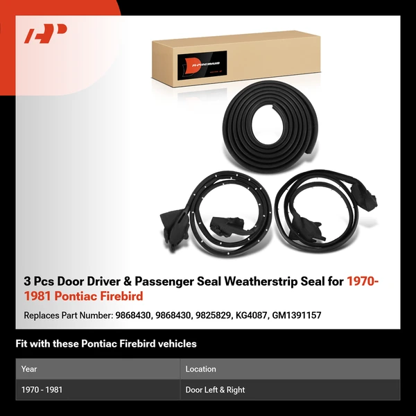 3 Pcs Door Driver & Passenger Seal Weatherstrip Seal for 1970-1981 Pontiac Firebird