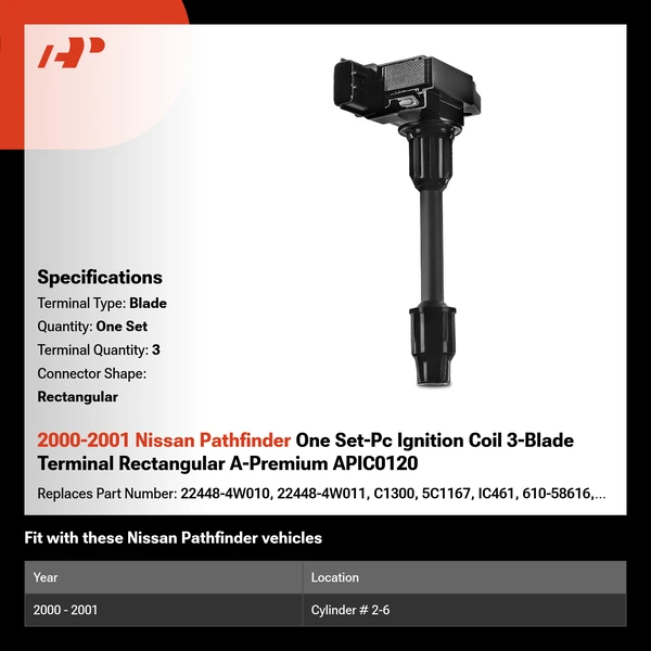 2000-2001 Nissan Pathfinder One Set-Pc Ignition Coil 3-Blade Terminal Rectangular A-Premium APIC0120