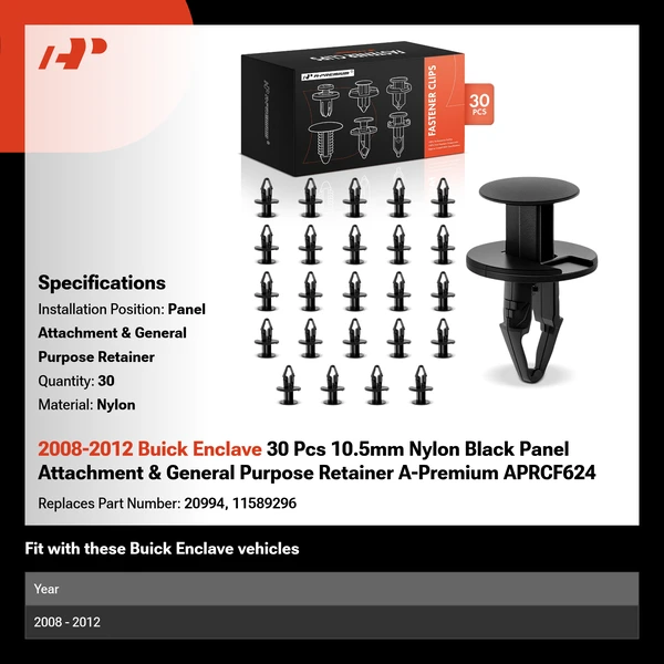 2008-2012 Buick Enclave 30 Pcs 10.5mm Nylon Black Panel Attachment & General Purpose Retainer A-Premium APRCF624