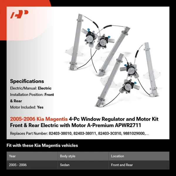2005-2006 Kia Magentis 4-Pc Window Regulator and Motor Kit Front & Rear Electric with Motor A-Premium APWR2711
