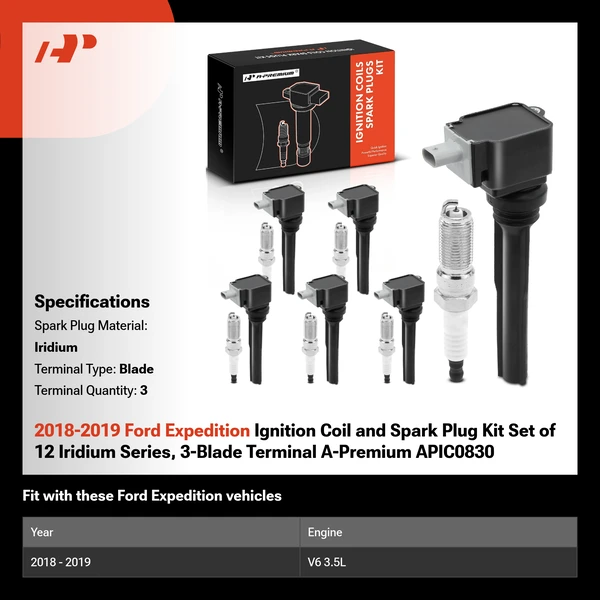 2018-2019 Ford Expedition Ignition Coil and Spark Plug Kit Set of 12 Iridium Series, 3-Blade Terminal A-Premium APIC0830