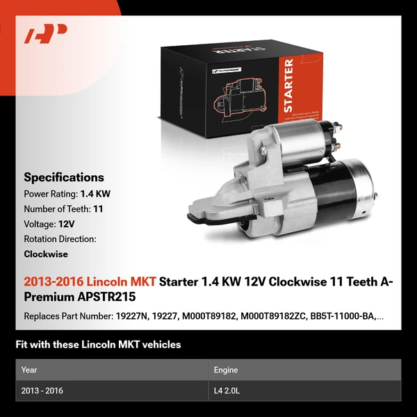 2013-2016 Lincoln MKT Starter 1.4 KW 12V Clockwise 11 Teeth A-Premium APSTR215