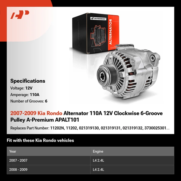 2007-2009 Kia Rondo Alternator 110A 12V Clockwise 6-Groove Pulley A-Premium APALT101