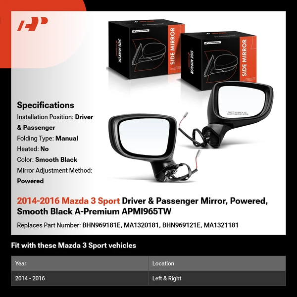 2014-2016 Mazda 3 Sport Driver & Passenger Mirror, Powered, Smooth Black A-Premium APMI965TW