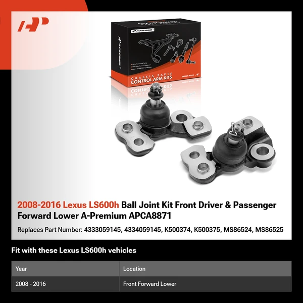 2008-2016 Lexus LS600h Ball Joint Kit Front Driver & Passenger Forward Lower A-Premium APCA8871