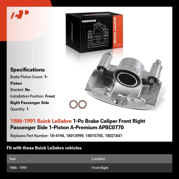 1986-1991 Buick LeSabre 1-Pc Brake Caliper Front Right Passenger Side 1-Piston A-Premium APBC0770